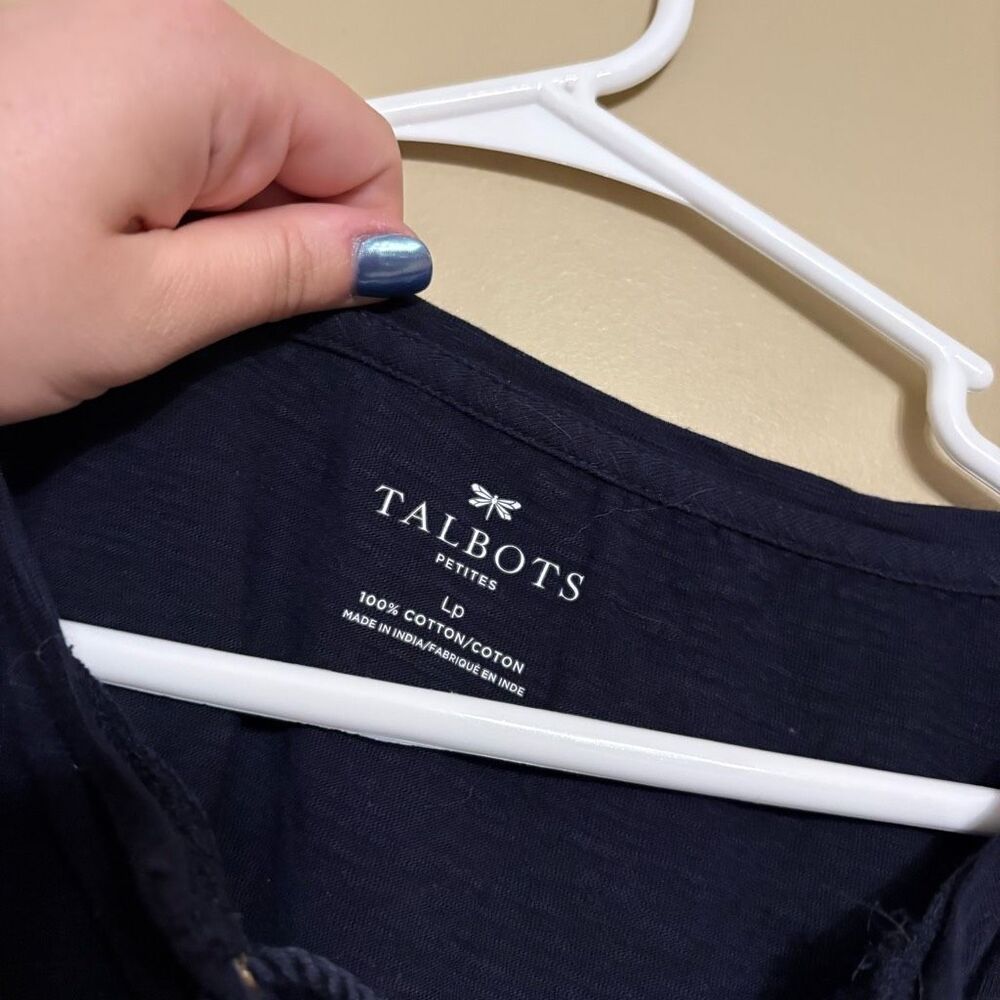 Talbots Short Sleeve Navy Blue Lace Up Cotton T-shirt Petite Large - Picture 3 of 8
